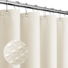 Gibelle Long Shower Curtain 72 x 78, Tall Waffle Weave Textured Fabric Shower Curtain for Bathroom, Water Repellent, Machine Washable, Ivory
