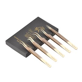 Wishbeauty Eyelash Extension Tweezers Set 5 PCS for Volume Lash Extensions Stainless Steel Eyelash Tweezers for Extensions- (Honey Gold)