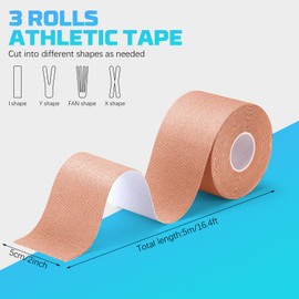 3 Rolls Kinesiology Tape, Athletic Tape Elastic Waterproof Sports Tape 2 Inch x 16 Feet Uncut Body Tape with Scissors for Ankle Wrists Knees Shoulders Muscle
