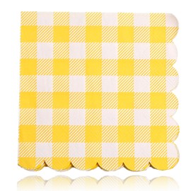 PHIOMUUE 40Pcs Yellow Gingham Napkins, 25 x 25 cm Disposable Scalloped Party Napkins, Pastel Cocktail Napkins for Wedding Birthday Decorations Beverage Supplies (Yellow)
