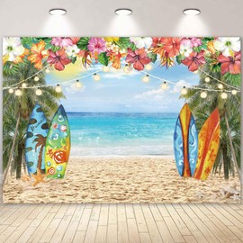 LIVUCEE 12X8FT Hawaiian Beach Photography Backdrop Summer Tropical Luau Palm Floral Photography Background for Hawaiian Party Decorations Photo Booth Banner Supplies