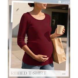 Neer 3 Pack Women's 3/4 Sleeve Maternity Tops Cotton Ribbed Round Neck Pregnancy Shirts Quarter Sleeve Maternity Clothes(Wine Red, Navy Blue, Black,XX-Large)