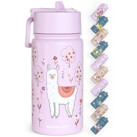 BEARFOOT Children's Stainless Steel Water Bottle with Straw - Thermos Flask 400 ml - BPA Free - Leak-Proof - Toddlers, Girls and Boys Water Bottle for School, Nursery (Purple - Lama)