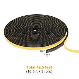 TORRAMI Adhesive Foam Tape 1/4" W X 1/8" T, Closed Cell Foam Weather Strip Seal Insulation for Door and Windows (Total 49.5 Ft Length, 3 Rolls of 16.5 Ft Each)