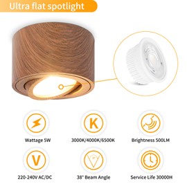 GeyouLux LED Surface-Mounted Spotlight, Dimmable, Extra Flat & 30° Swivel, Diameter 80 x 50 mm, Ceiling Spotlights, Dark Wood, Includes 5 W 500 LM LED Module 230 V - 3000 K/4000 K/6500 K, Surface-Mounted Spotlights, Pack of 4