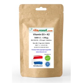 Vitamin D3 5000 IU Depot + K2 200μg + L-Leucine 30mg - 270 Vegetarian Tablets - Optimal Absorption in the Body - Only One Tablet Every 5 Days - High Dose - No Genetic Engineering