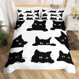 Black Cat Bedding Set for Kids Boys Girls Pet Cats Pattern Duvet Cover Cute Kitten Print Comforter Cover 3D Animal Theme Quilt Cover Bedroom Decor 2Pcs Bedcloths Single Size White