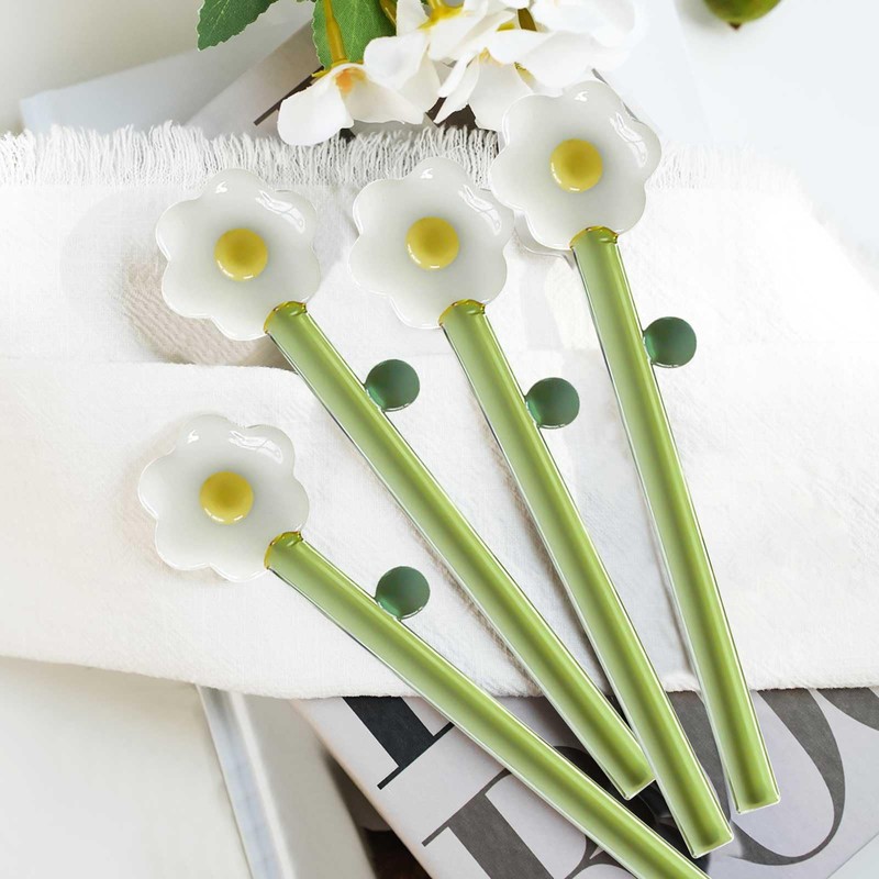 4 Pcs Borosilicate Color Transparent Glass Spoons,Cute Flower Long Handle