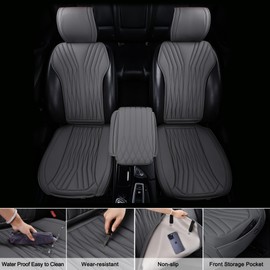 BWTJF Leather Front Car Seat Covers, 2 Pack Universal Sideless Auto Protectors for Front Seats with Storage Pocket and Center Console Covers, Compatible with 95% Cars (Sedan/SUV/Pickup/Van) - Gray