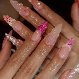 YOSOMMK YOSOMMK Nude Press on Nails Almond Medium Fake Nails with 3D Butterfly Pearl French Tip Designs Glossy Acrylic Nail Glue on False Nail for Women