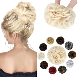 Felendy Messy Bun Hair Piece Wavy Curly Scrunchies Fluffy Donut Thick Updo Elegant Chignon Hairpieces for Women Girls, Bleach Blonde 1.4oz