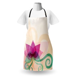 Lunarable Abstract Apron, Fantasy Lotus with Swirl Leaves Blooming Lily Flower Nature, Unisex Kitchen Bib Apron with Adjustable Neck for Cooking Baking Gardening, Peach Fuchsia Almond Green