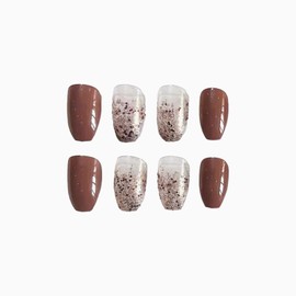 SINHOT Medium Coffin Press on Nails Ballerina Fake Nails Glossy Glue on Nails Brown Gradient Acrylic Nails with Brown Glitter False Nails Designs 24 pcs