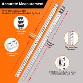 MUTOOP 9FT Aluminum Grade Rod & Telescopic Leveling Rod - 3-Stage Survey Rod with Bubble Level, Dual-Sided Grade Stick for Laser Level, Portable Measuring Stick for Surveying
