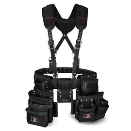 ABRIX Leather Tool Belt for Men – Heavy Duty 28 Pocket Tool Belts with Suspender, Adjustable (Fits 30" to 50"), – for Carpenters, Electricians, Contractors (Black, Extra Large)