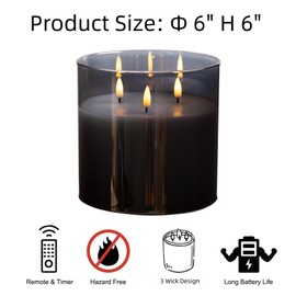 Girimax 3 Wick Silver Grey Glass Flameless Candles with Remote, Large Flickering LED Pillar Candle Φ 6" H 6"