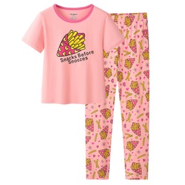 UNICABBIT21 Pajamas for Girls Cute Pink Sweet Fries Pants and Short Sleeve Tee Big Kids Sleepwear Set Size 10