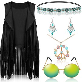 6 Pcs 60s 70s Hippie Costume Women Accessories Hippie Fringe Vest Suede Sunglasses Necklaces Earring Headband