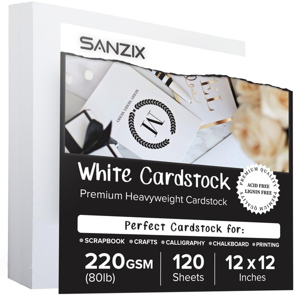 SANZIX 120 Sheets of White Cardstock 12x12 Inches, 220 GSM