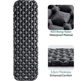 Lightweight Sleeping Mat, Ultra Light Inflatable Camping Pad, Outdoor Hiking Backpacking Festival Air Mattress, Waterproof TPU, 190cm x 56cm x 5.5cm, 520g (Black)