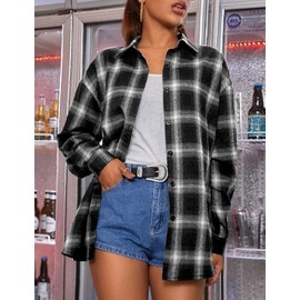 Bozanly Flannel Buffalo Plaid Shirts for Women Oversized Button Down Shacket Blouse Tops(0001-Black-M)