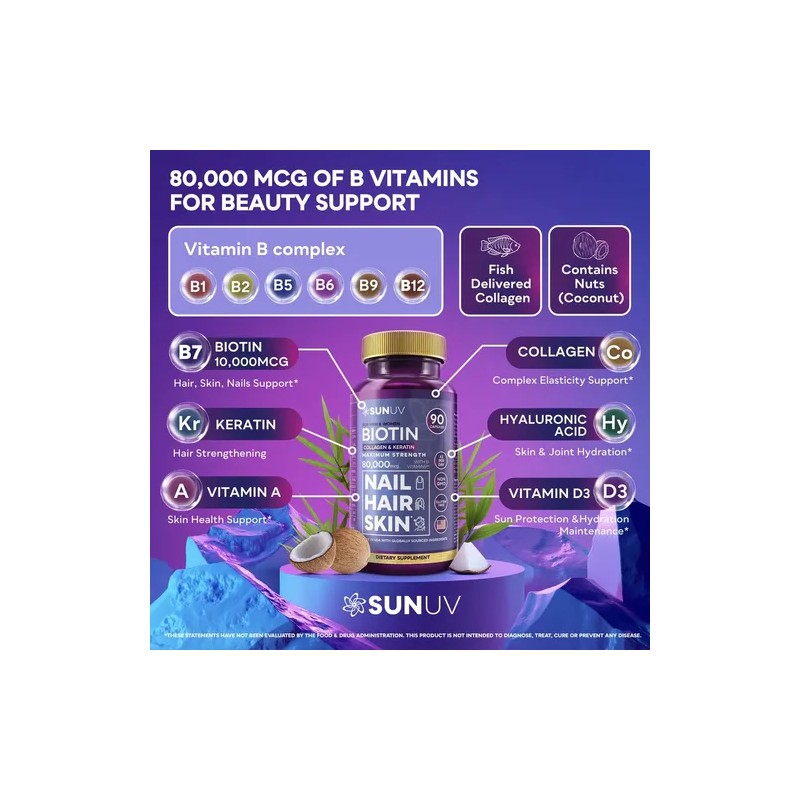 Sunuv Biotina 10000 Mcg Colágeno Keratina 90 Cápsulas