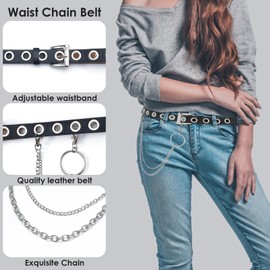 Bewudy Chain Belt Grommet Leather Belt with Removable Rivet Belt Chain Metal Punk Rock Jeans Waist Belt for Women Men, black