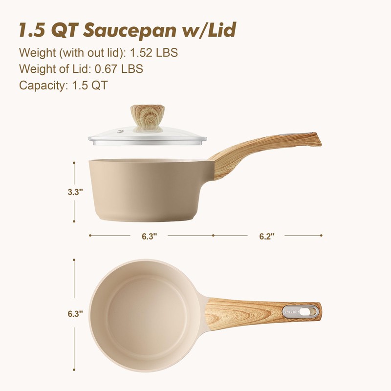 Ceramic Nonstick Sauce Pan with Lid, 1.5 Quart Small Saucepan,