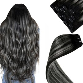 Hetto Clip-In Real Hair Extensions, Black, Balayage Black to Silver, Straight, Remy, Full Head, Natural, Invisible Hair Extensions, 5 Pieces, 80 g, 30 cm, #1b/s/1b