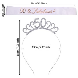 EUYuan 50th Birthday Tiara and Sash, 50 Fabulous Glitter Satin Sash and Crystal Tiara Birthday Crown for Women 50th Birthday Party Decorations