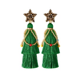 Christmas Earrings for Women Green Tassel Earrings Christmas Tree Dangle Earrings Colorful Beaded Fringe Earrings Christmas Jewely Gift