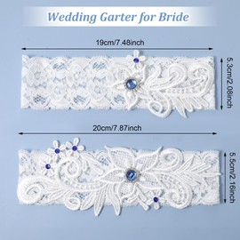 2Pcs White Stretch Lace Blue Rhinestone Wedding Garters for Bride, 2 Sizes Women and Girl White Blue Garter, Comfortable Cotton Wedding Accessories for Brides