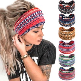 Pack of 6 Headbands for Women Wide Knotted Turban Bandana Boho Headscarves Wraps Yoga Hair Bands Fabric Elastic Headband Sports Running Headscarves (14Boho)