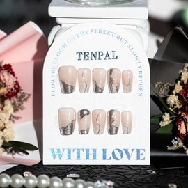 TENPAL Short Coffin Press on Nails Cat Eyes Ombre Magic Mirror Fake Nails With Glue Irregular Metallic Line Designs False Nails Glitter Y2k Handmade Nails Press ons For Women Girls 10pcs/Box(M)