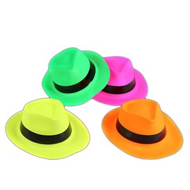 The Glowhouse Premium 12 x Neon Gangster Hats Plastic Fun Party Fedora UV Blacklight Glow - for Kids and Adults (Pack of 12)