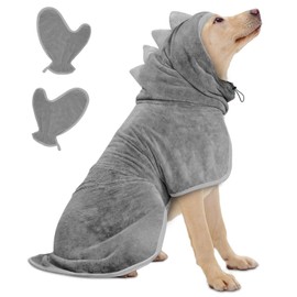 JOLOVE Dog Drying Coat Super Absorbent Dog Towels for Drying Dogs for After Bath Soft Dog Drying Towel Adjustable Dog Bathrobe for Bath, Swim, Wet Walk (Gray Dinosaur, L)