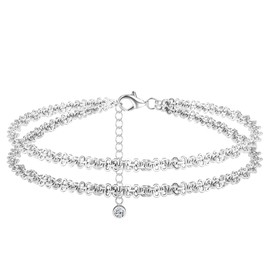CASSIECA Anklet Women's 925 Silver Anklet for Women Adjustable Layered Waterproof Anklet Women's Layered Heart Beads Tennis Anklet Foot Jewellery Silver, Silver