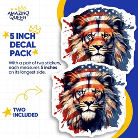 Lion American Flag Stickers - Patriotic Animal Decals - USA Pride Art - 2 Pack - - 5" Wide Design - Adheres to Laptops, Tumblers, and More – Made in The USA - AQS2642