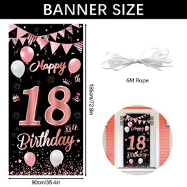 18th Birthday Banner,BTZO 18th Birthday Decorations Fabric Backdrop,Rose Gold Black Birthday Sign Poster,18th Birthday Door Wall Banner Backdrop for Girl Boy 18th Birthday Party,185×90cm