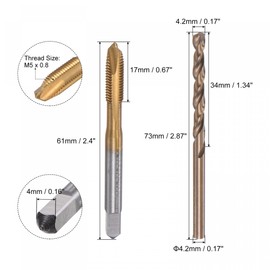 sourcing map M5 x 0.8 Spiral Point Thread Tap and 4.2mm Drill Bit Set, Metric Titanium Plated Cobalt High Speed Steel Machine Screw Thread Tap Threading Tool