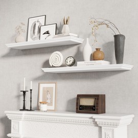 Fun Memories Floating Shelves 36 Inch Long, 9.3 Inch Deep Classic Crown Molding Floating Shelves for Wall, Rustic Wooden Shelves for Wall Decor Bathroom, Kitchen, Office, (White, 2Pack)