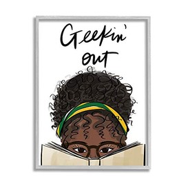 Stupell Industries Geekin' Out Phrase Woman Reading Book, Designed by Anna Quach Gray Framed Wall Art, 11 x 14, White