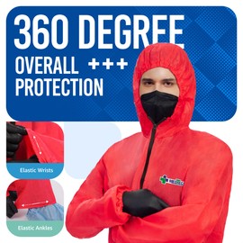 Medtecs Hazmat Suits - 6 Sizes Options (1 PC) - with Pocket - Fabric Passed AAMI Level 4 Disposable Coverall PPE Suit for Biohazard Chemical Protection - Full Body Protective with Hood