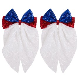4th of July Sequin Hair Bows for Women, Patriotic Red White Blue Long Tail Bow Barrettes, Oversized Sparkly Hair Clips for Independence Day, Parades & Parties, USA 250 Celebration Accessories