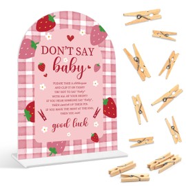 Baby Shower Games - Strawberry Don't Say Baby Clothespin Game, 1 Arch Acrylic Sign and 50 Mini Clothespins, Gender Reveal Game, Berry Baby Shower Decoration Supplies (GXB04)