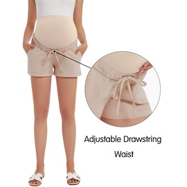 FABRACK Women's Maternity Shorts Linen-Look Drawstring Cotton Shorts Over Belly Summer Casual Pregnancy Clothes with Pockets(Khaki, Large)