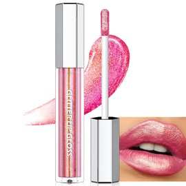 Wugbc Glitter Lip Gloss Hot Pink Chameleon Chrome Liquid Lipstick, Non-Sticky Shimmer Holographic Metallic Lips Long Lasting Waterproof Smooth Sparkly Diamond Highly Pigment Lip Stain Makeup for Women