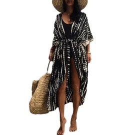 Eddoyee Women Plus Size Cover Up Beach Cardigan Tie Dye Print Kimonos Swimsuit Coverup Black White Stripes