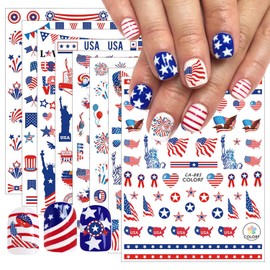 8Sheets 4th of July Nail Art Stickers Independence Day Nail Decals 3D Self Adhesive Nail Supplies American Flag Eagle Fireworks Design Classic USA Independence Day Elements Nail Decoration Accessories