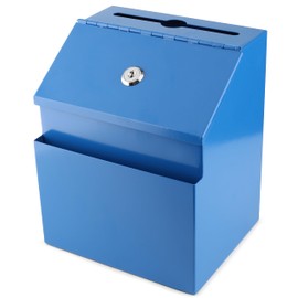 Suggestion Box with Lock and keys, Metal Wall Mounted Ballot Box, Iron steel Donation and Collection Drop Box 8.5" H x 6" W x 7" L with wide 5.5" Slot and front sheet holder (Blue)